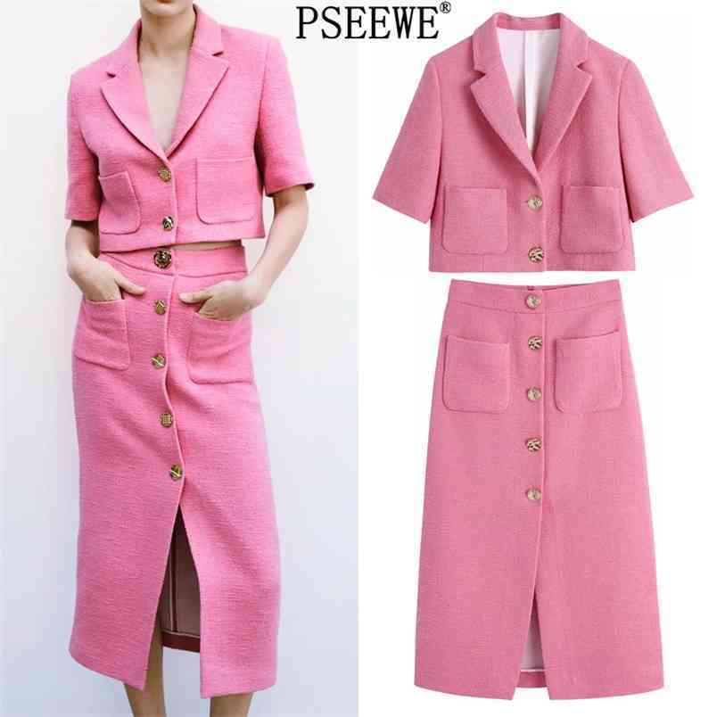 

Women Sets Tweed Short Sleeve Cropped Blazer Woman Button Long Skirts Fashion And Skirt Set Women's Office Suit 210519