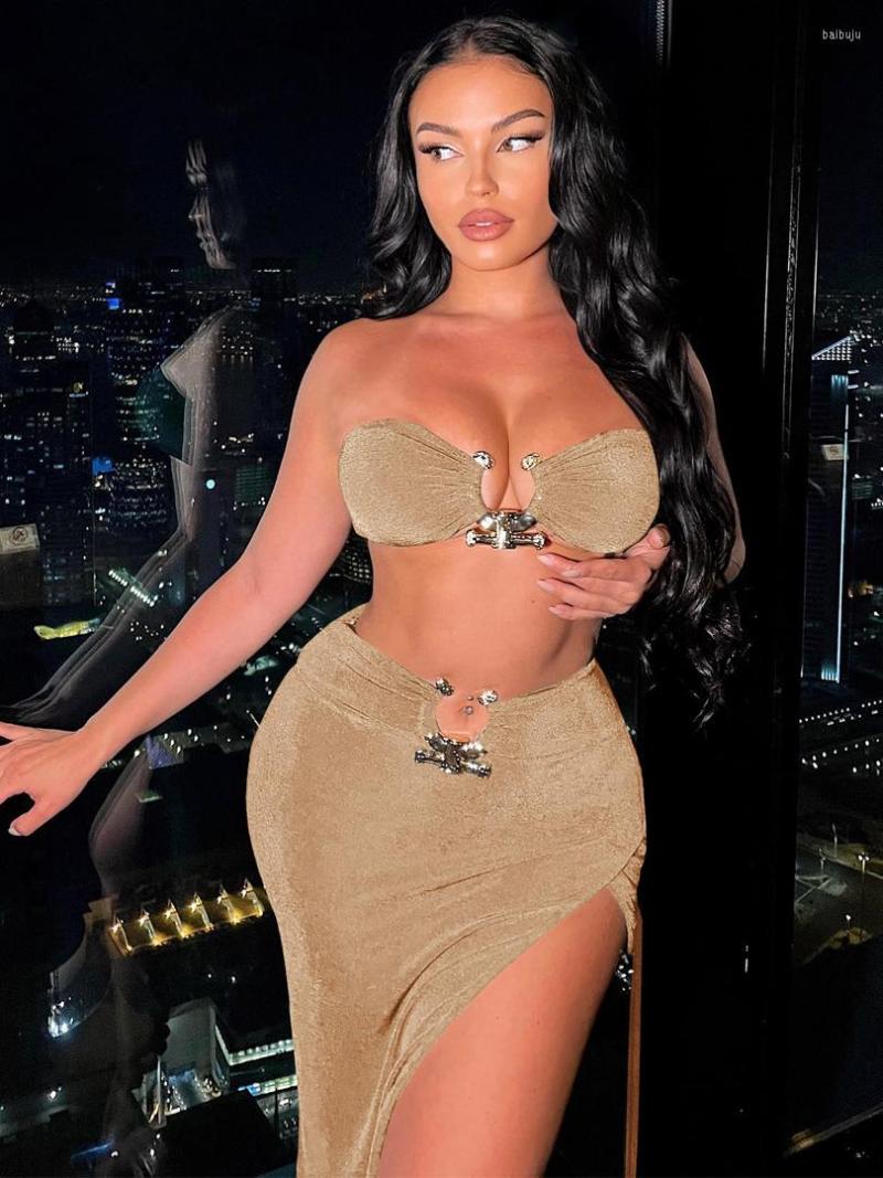 

Work Dresses Sexy Strapless Crop Tube Top High Waist Slit Maxi Dress 2 Pcs Suits 2022 Fall Women Fashion Streetwear Vestido, Black