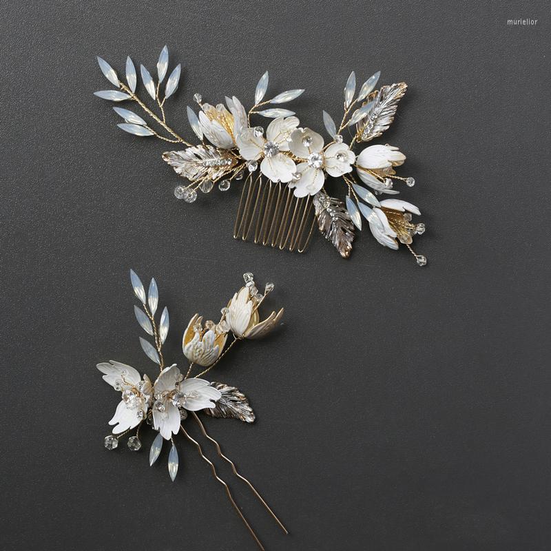 

Hair Clips Opal Crystal Comb Pin Vintage Gold Color Hairpin Flower Leaf Headpiece Headdress Bride Wedding Jewelry Bridal Accessories