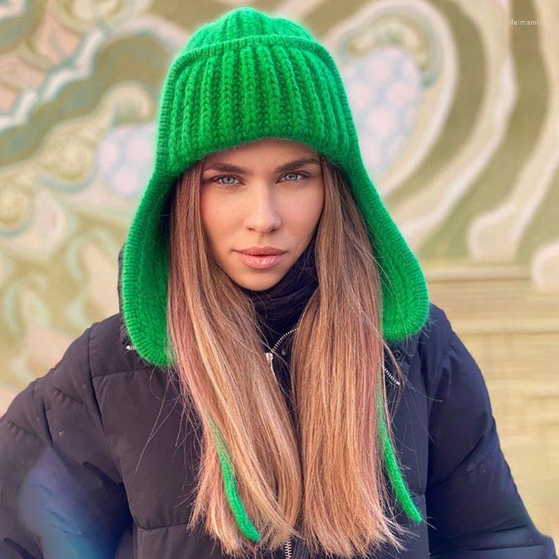 

Berets Autumn Winter Ladies Knitted Hat Women Casual Solid Color Flanging Tie Up Ear Protection Windproof Warm Cap Bomber Hats, Green