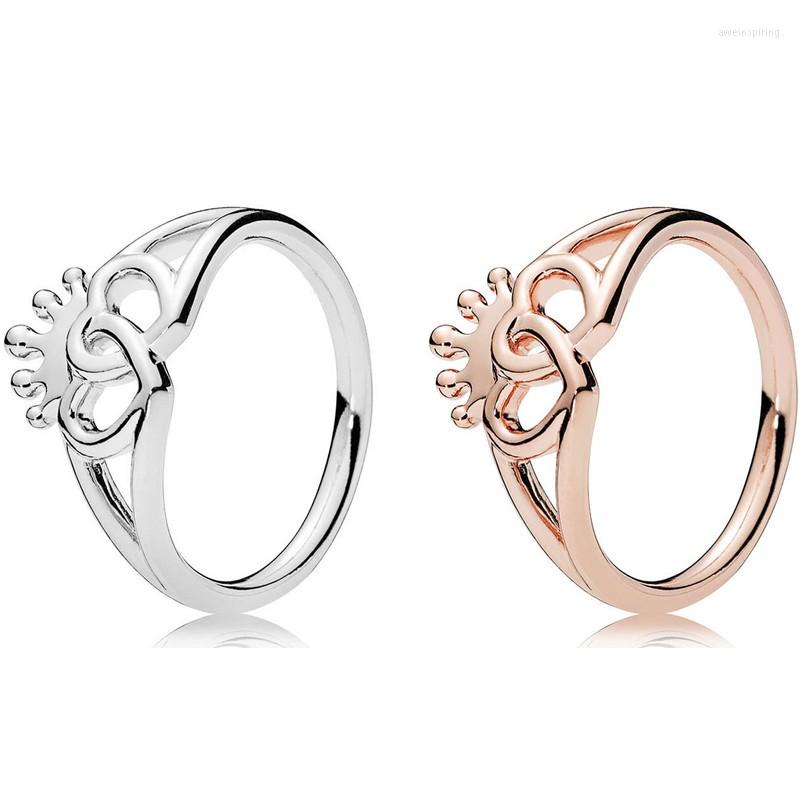 

Cluster Rings Authentic 925 Sterling Silver Sparkling Rose Interlocked Crowned Hearts Ring For Women Wedding Party Europe Fashion Jewelry