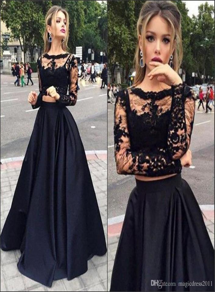 

2019 Two Pieces Black Cheap Prom Dresses with Long Sleeves ALine Sexy Jewel Illusion Bodice Long Lace Evening Dress Party Formal 6538608, Dark red
