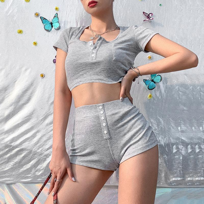 

Women' Tracksuits 2022 Summer Tracksuit 2 Pieces Matching Sets Women Solid Color Crop T-shirt Casual High Wait Shorts Club Outfits, Gray