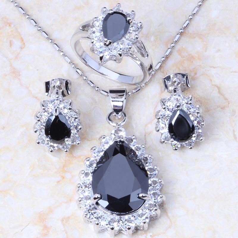 

Necklace Earrings Set Top Quality Excellent Imitation Black Onyx Cubic Zirconia Silver Color Water Drop Sets For Wedding KT028, Picture shown
