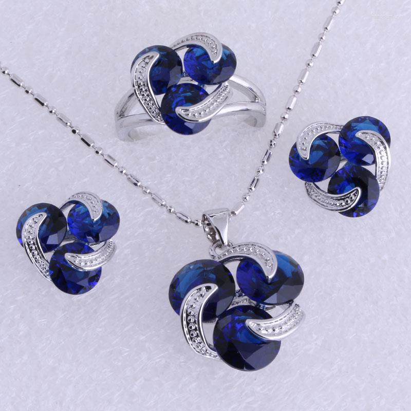

Necklace Earrings Set Top Quality Silver Color 3 Pcs Blue Crystal Necklace/Pendant/Earrings/Rings For Womens SH0095, Picture shown
