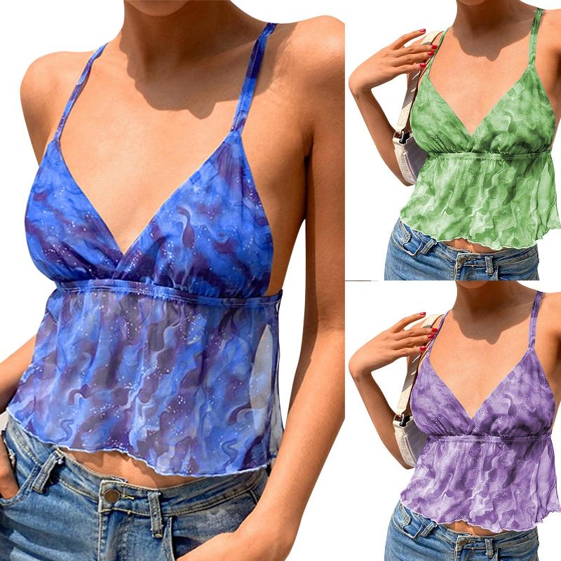 

Women's Tanks 2022 Strap Top Women Sexy Halter V Neck Sleeveless Vest Soft Tank Tops Underwear  Camisole Female Tie Dye Print, Blue