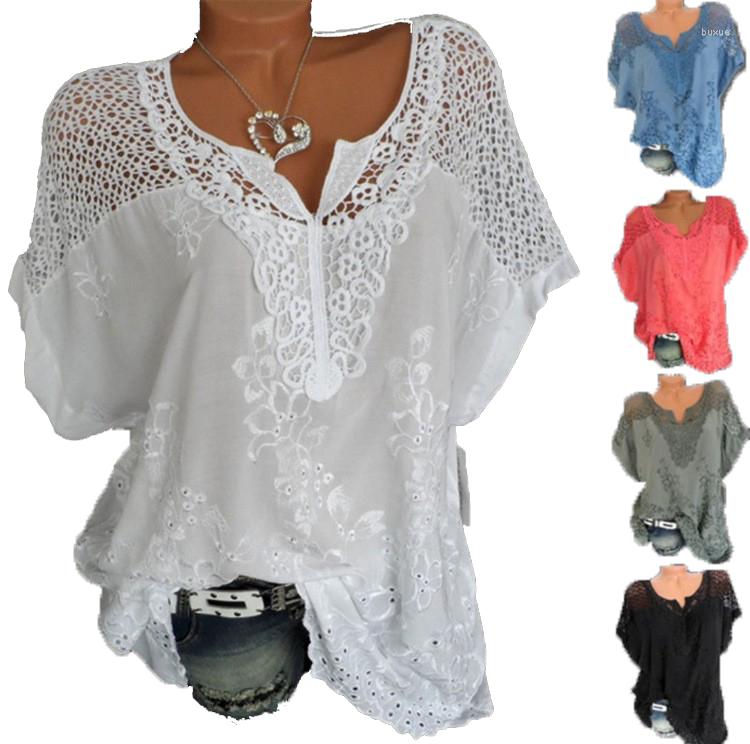 

Women' Blouses Summer Short Sleeve Womens And Tops Loose White Lace Patchwork Shirt Plus Size 4xl 5xl Women Casual Clothes -CH46, Green