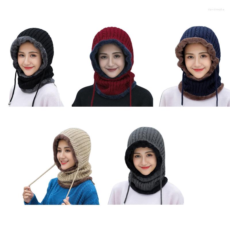 

Berets Women Winter Warm Cable Knitted Balaclava Hat Plush Lined Thermal Windproof Full Cover Drawstring Earflap Hood Scarf, Khaki