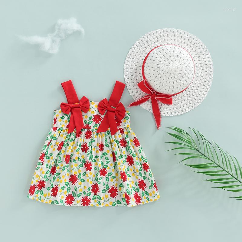

Girl Dresses 2022 Summer Baby Girls Suspender Dress Hat Bowknot Shoulder Straps Flower Printed Cap Outfits, Pink