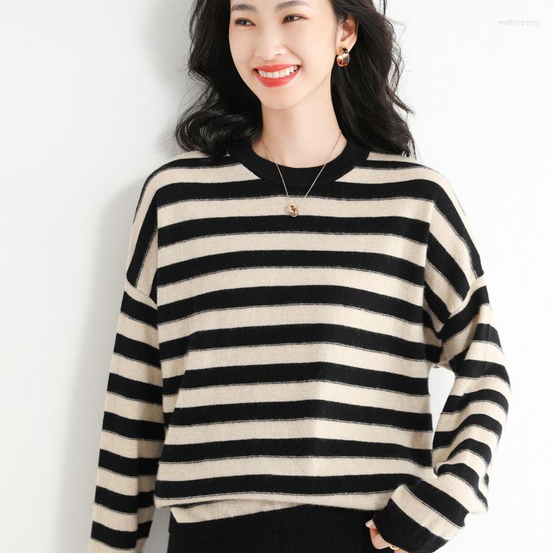 

Women's Sweaters Autumn And Winter Women Cashmere Wool Blended Sweater Classic O-neck Striped Pullover Warm Loose Knit Bottoming Coat Ladies, Black