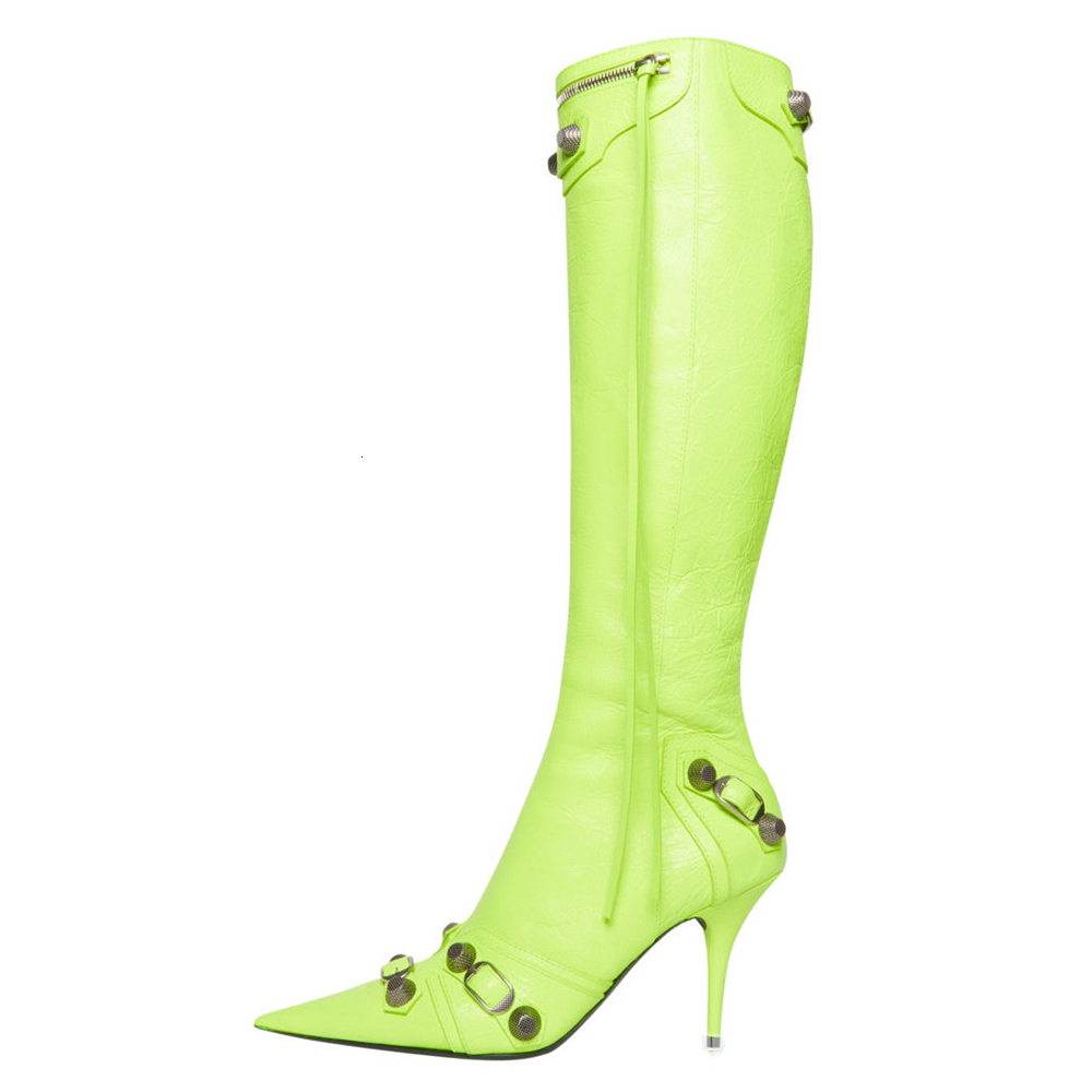 

Boots Woman Boot Fashion Sexy Pure Color Pointed Toe Stilettos Heels Vintage Metal Buckle Zipper Knee High Slim Tassel Shoes 45 221114, Blue