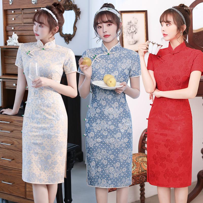 

Ethnic Clothing Chinese Lovely Women Qipao Summer Short Sleeve Traditional Lady Cheongsam Vintage Button Female Catwalk Party Dress