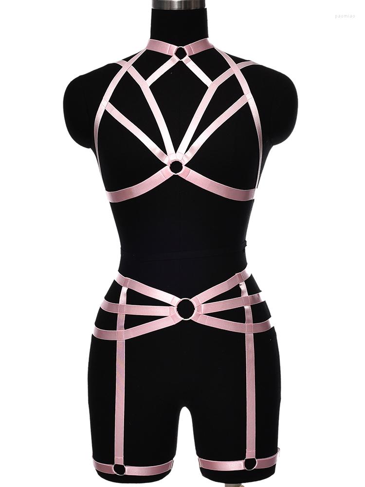 

Garters Goth Underwear Garter Blet Body Harness Cage Set Elastic Crop Top Bondage Sexy Bra Hollow Lingerie Leg Stockings Belt, Wine red
