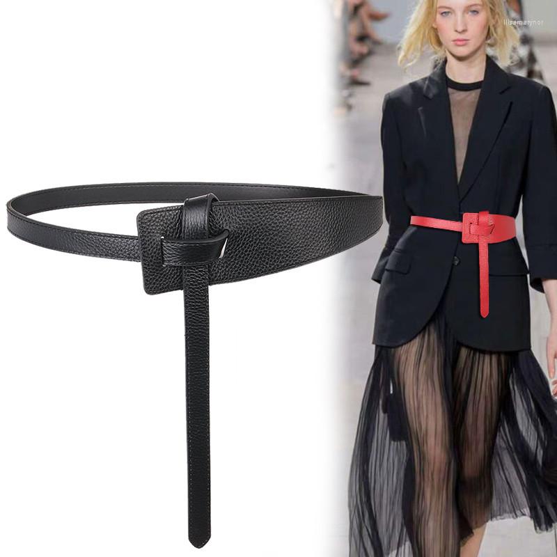 

Belts Wide Knotted Long Belt Female Dress Cummerbunds Black Coat Waist Soft Genuine Leather Waistbands Simple Design Strap Tide