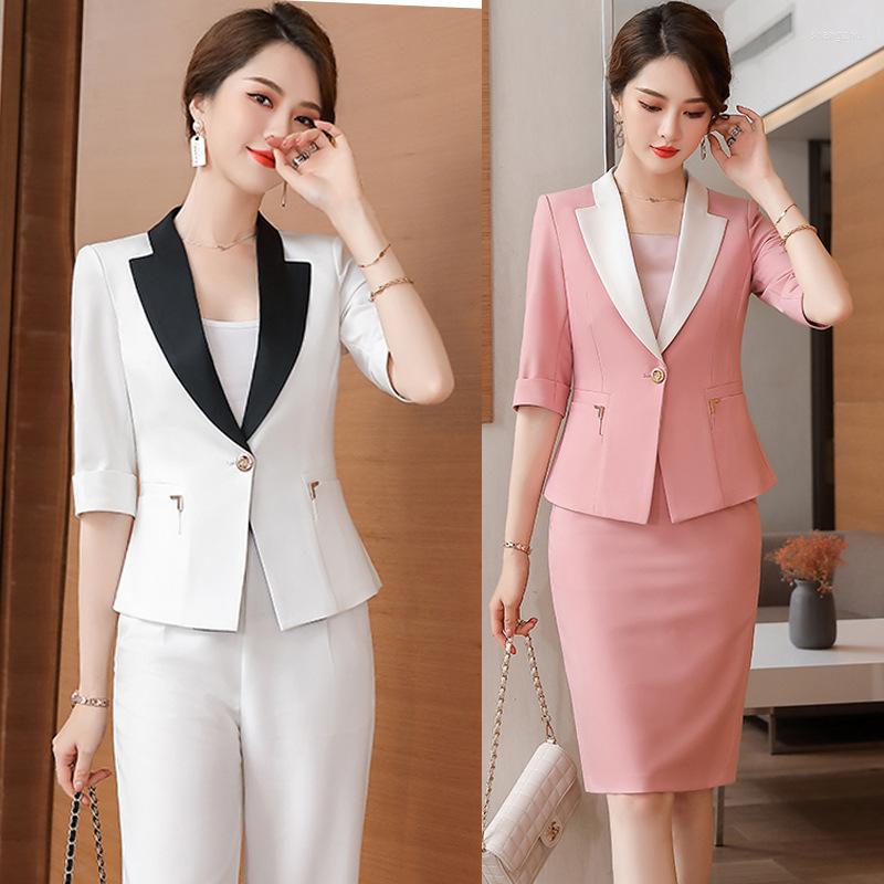 

Women' Two Piece Pants IZICFLY Style Summer White Pink 2 Sets Womens Outfits Business Slim Half Office Blazer Jacket Suit Work Wear, Pink coat and skirt