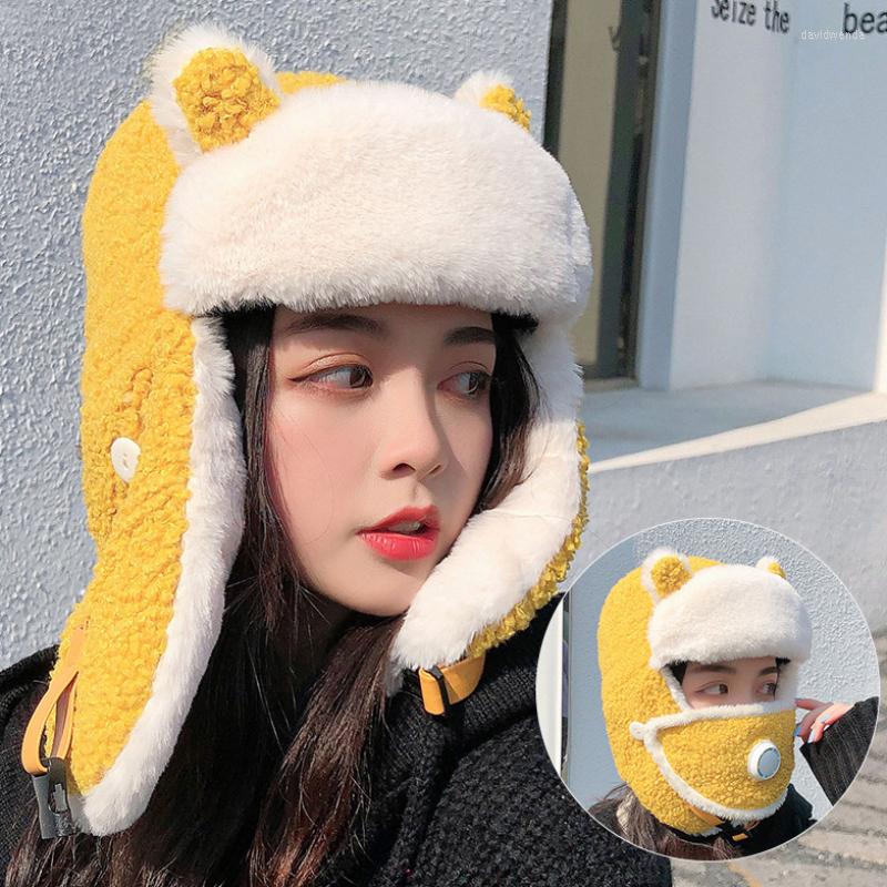 

Berets HT3375 Fashion Russian Hat Thick Warm Lamb Wool Winter With Mask Women Cute Ski Earflap Trapper Cap Ladies Bomber, Black