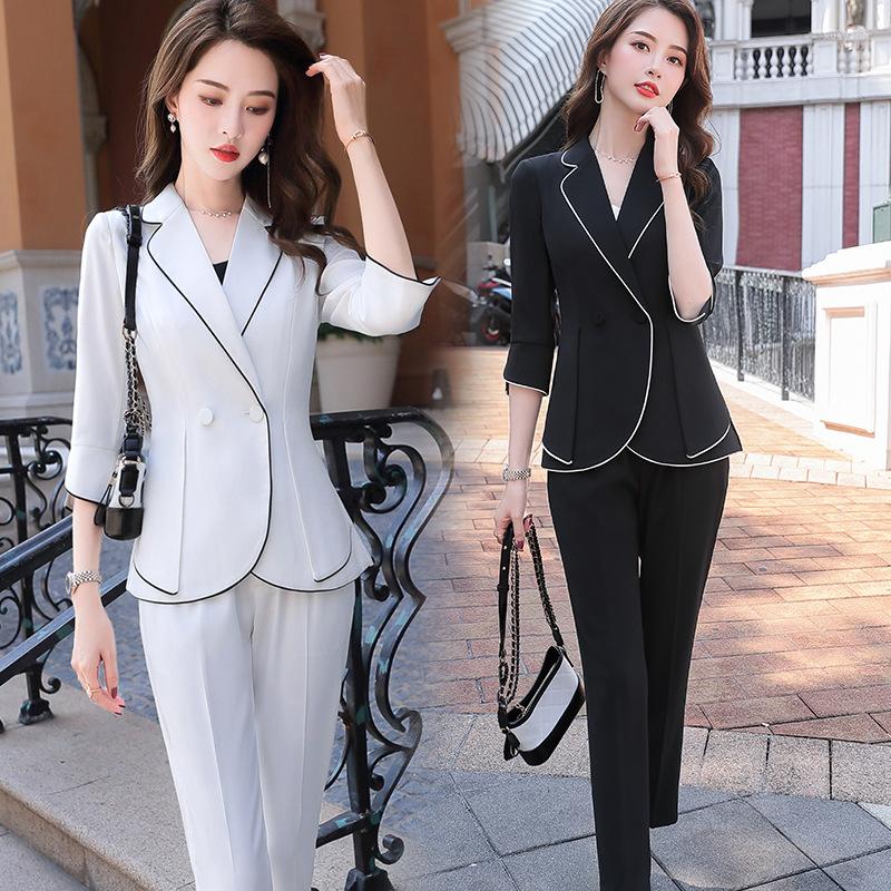 

Women' Two Piece Pants 2022 Black White Fashion Female Elegant Women' Suit Set Blazer And Trouser Pant Business Uniform Clothing Lady, White skirt set
