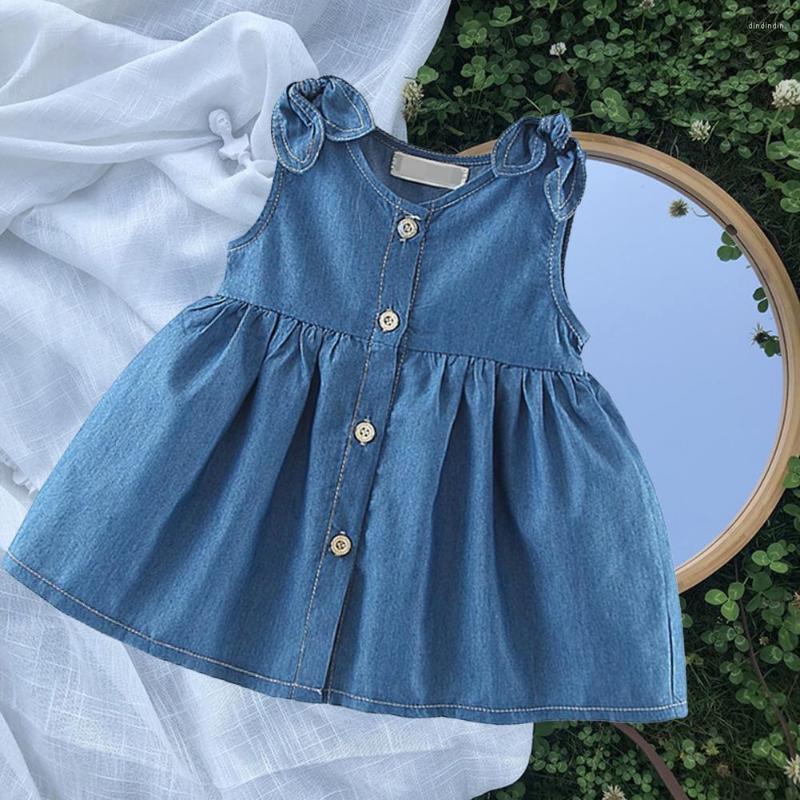 

Girl Dresses Dress Beautiful Blue Color Bowknot Design Denim Cute Princess Sleeveless For Kids