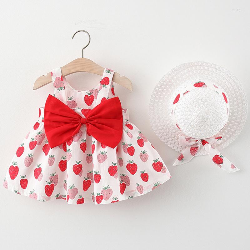 

Girl Dresses 2Piece Summer Baby Outfit Set Kids Casual Cute Print Strawberry Beach Princess Dress Hat Born Clothing, Red
