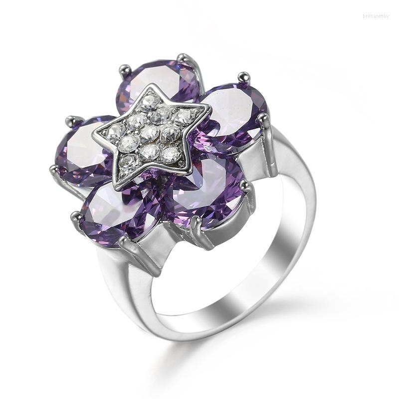 

Wedding Rings Top Quality Luxury Flower Shaped Forever Clear Shine Purple CZ Five-star Point Finger For Women Jewelry Gift