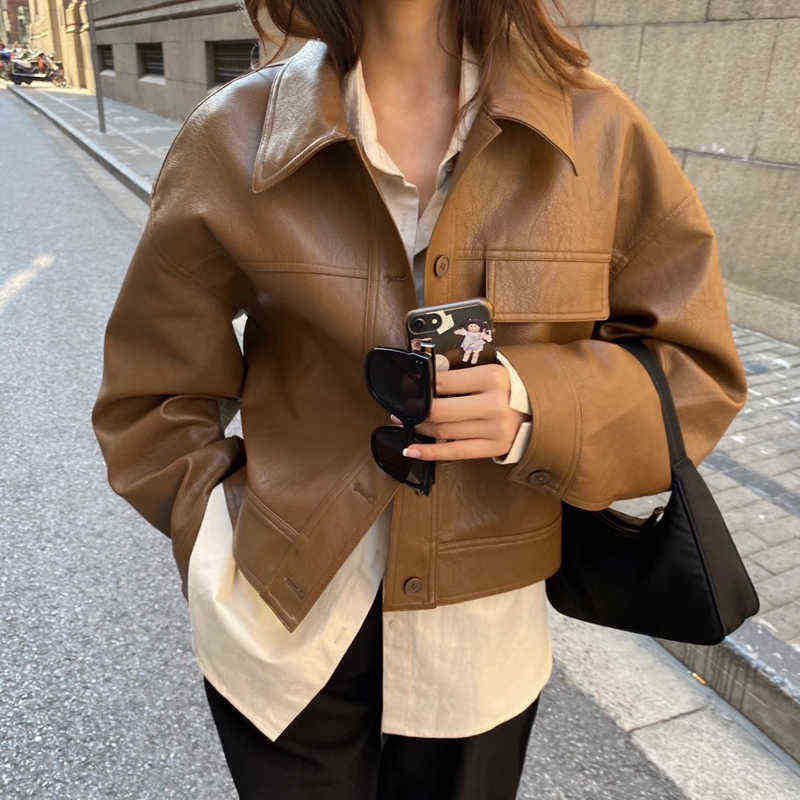 

Ftlzz Spring New Women Faux Leather Jacket Vintage TurnDown Collar Loose Street Outerwear Female Elegant Pu Leather Jackets J220727, Brown.