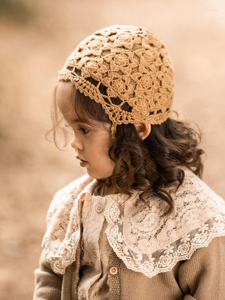 

Hats X027 Handmade Double-Layer Hollow Children's Drawstring Knitting British Windproof Earmuffs Wool Knitted Woolen Cap, Camel