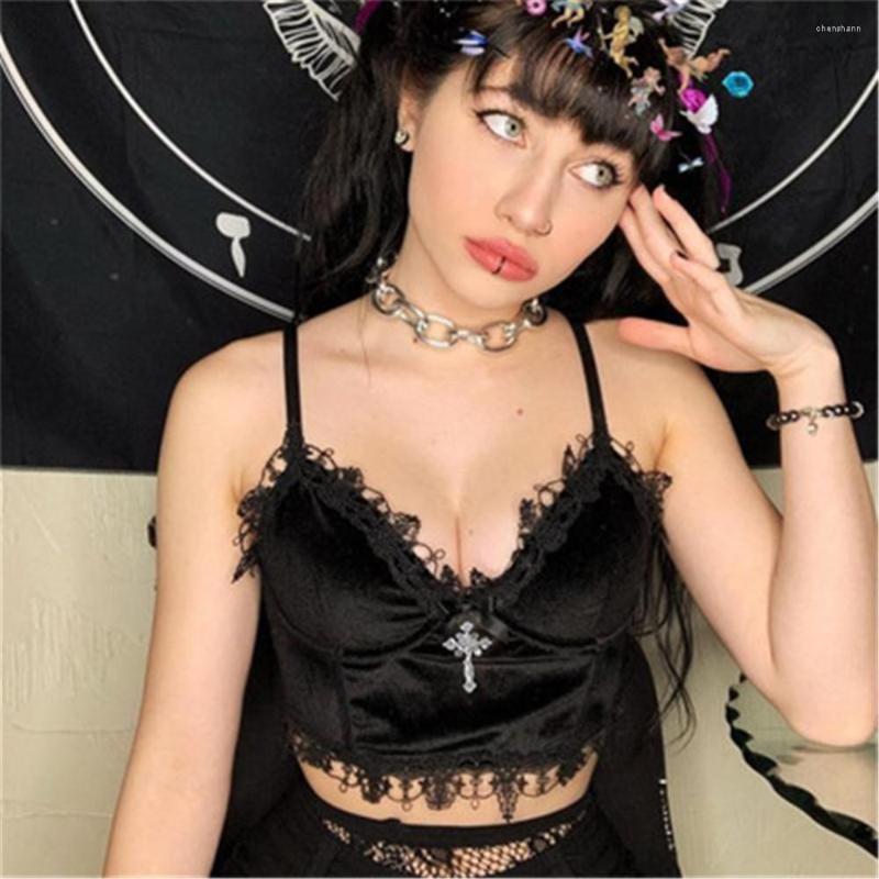 

Women' Tanks 2022 Velvet Y2K Mall Goth Crop Tops Black Lace Trim Emo Alternative Aesthetic Women Backless Sexy Strap