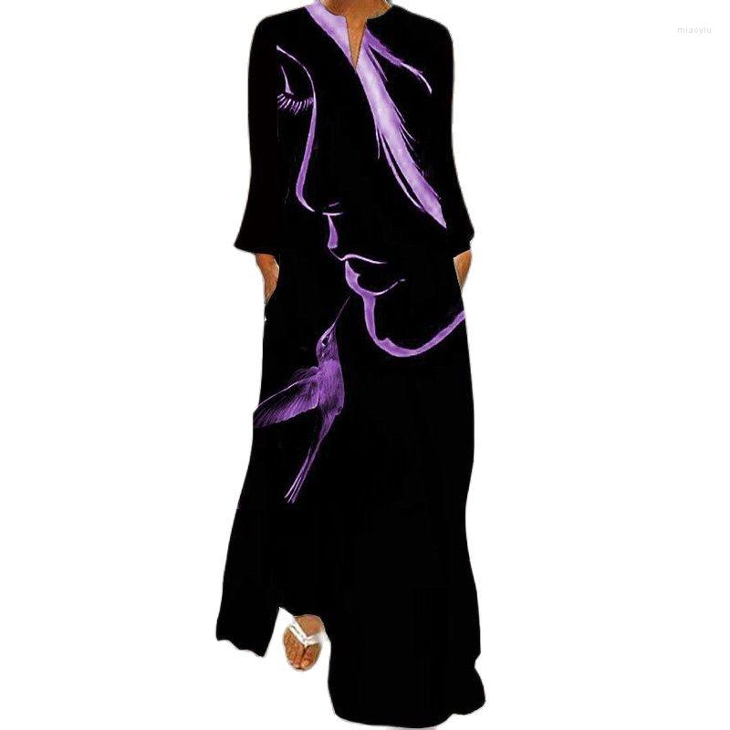 

Casual Dresses Vintage Abstract Face Printed Long Party Dress Women Robe V-neck Sleeve A-Line 2022 Spring Summer Loose Maxi, Style4