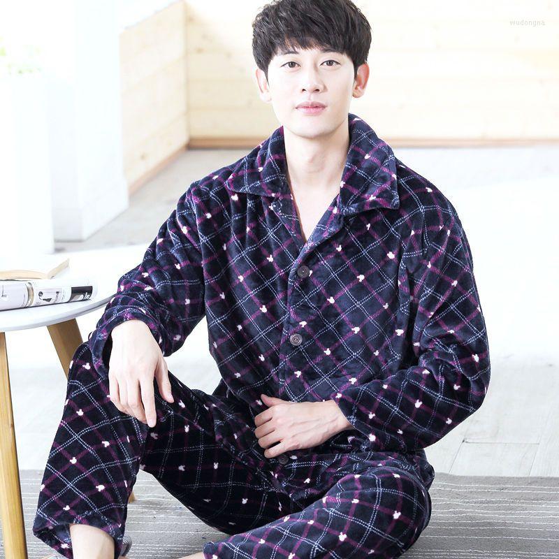 

Men's Sleepwear Winter Thick Homewear Men's Flannel Pajamas Sexy Set Man Stripe Soft Pajama Button Full Sleeve Shirt Pant 2PCS/Set, 19