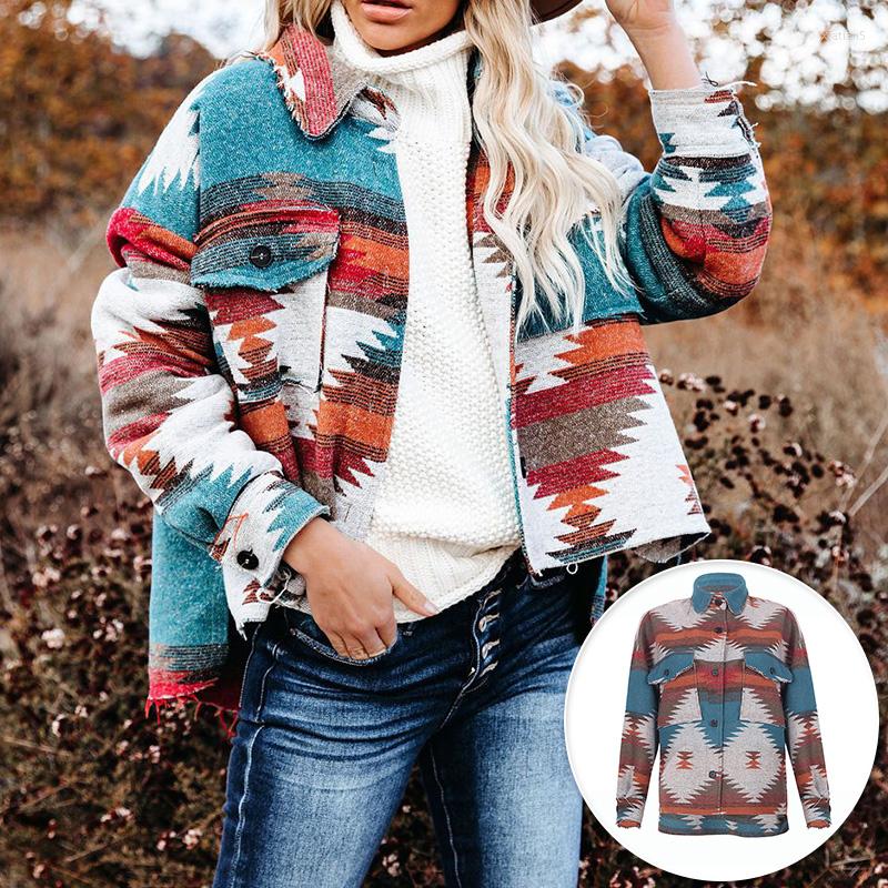 

Women' Jackets Autumn And Winter Style European American Retro Ethnic Geometric Printing Long-Sleeved Cardigan Jacket