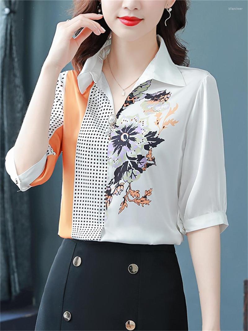 

Women's Blouses Woman Summer Style Chiffon Tops Lady Casual Short Sleeve Turn-down Collar Patchwork Printed Blusas SP1571, Blue