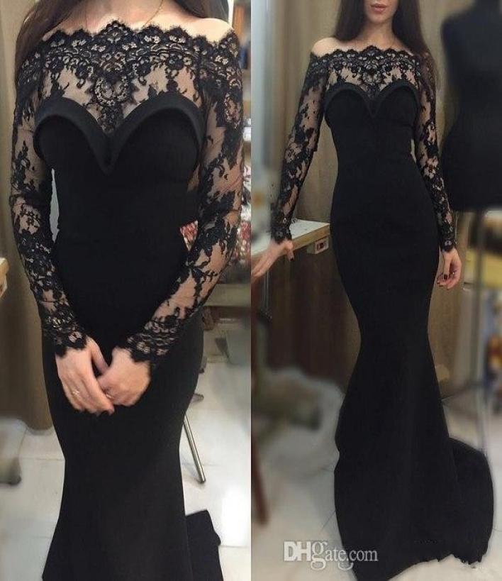 

Elegant Black Prom Dresses Off The Shoulder Lace Sheer Long Sleeves Mermaid Formal Women Party Dresses 2016 Sexy Evening Gowns9048945, Silver