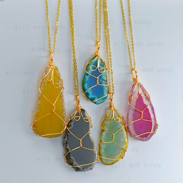 

Gold Wire Wrap Stone Agate Necklace Pendant Irregular Semi-precious Stone Stainless Steel Chain Necklaces Women Men Fashion Jewelry