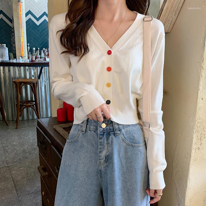 

Women's Knits Women's Knitting Cardigan Cute Color Button Slim V-neck Long Sleeve Knitted Fabric Short Top Wholesale 2022 Female, Black