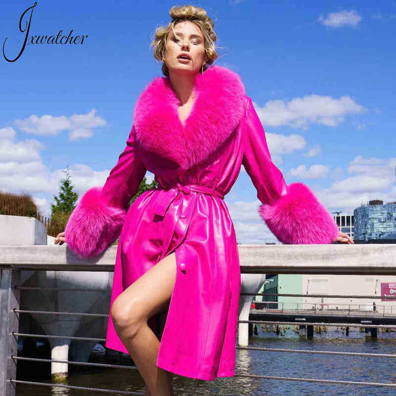 Jxwatcher Women Genuine Leather Long Trench Coat Ladies Autumn Winter Plus Size Sheepskin With Real Fox Fur Collar J220727