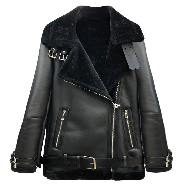 

2023 Women' Fur Women Winter Lamb Wool Coat 2022 Plus Velvet Thick Leather Jacket Motorcycle Suit Warm
