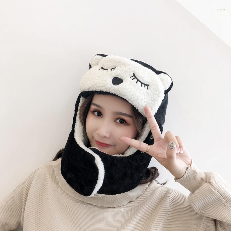 

Berets H7726 Women Bomber Hat Female Winter Windproof Warm Thermal Thick Ear Protection Cotton Cap Girl Korean Lovely Cartoon Cute Hats, Black
