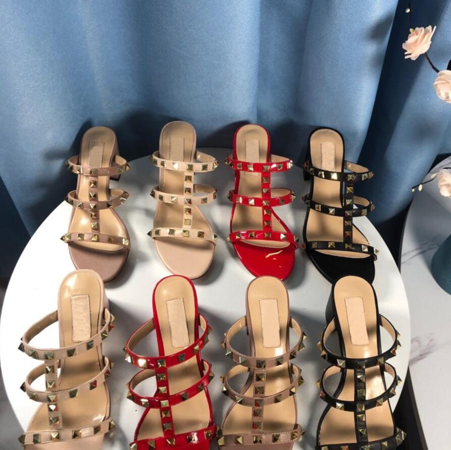 

Luxurys Rivets Women's Slippers Chunky Heels Sandals 2023 Fashion Outwear Sand Beach Open Toe 6cm Thick Heel Shoes Summer With Box and Dust Bag Size 34-44, 18