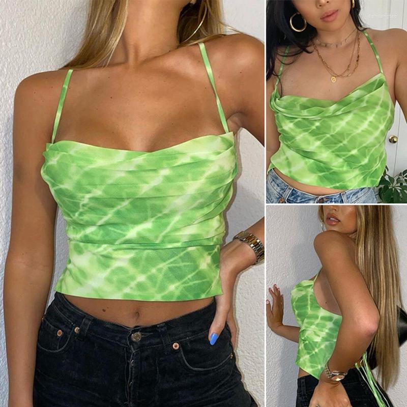 

Women' Tanks Sexy Womens Tops Summer Neon Green Tie Dye Halter Backless Crop Top Women Clubwear Cami Tank