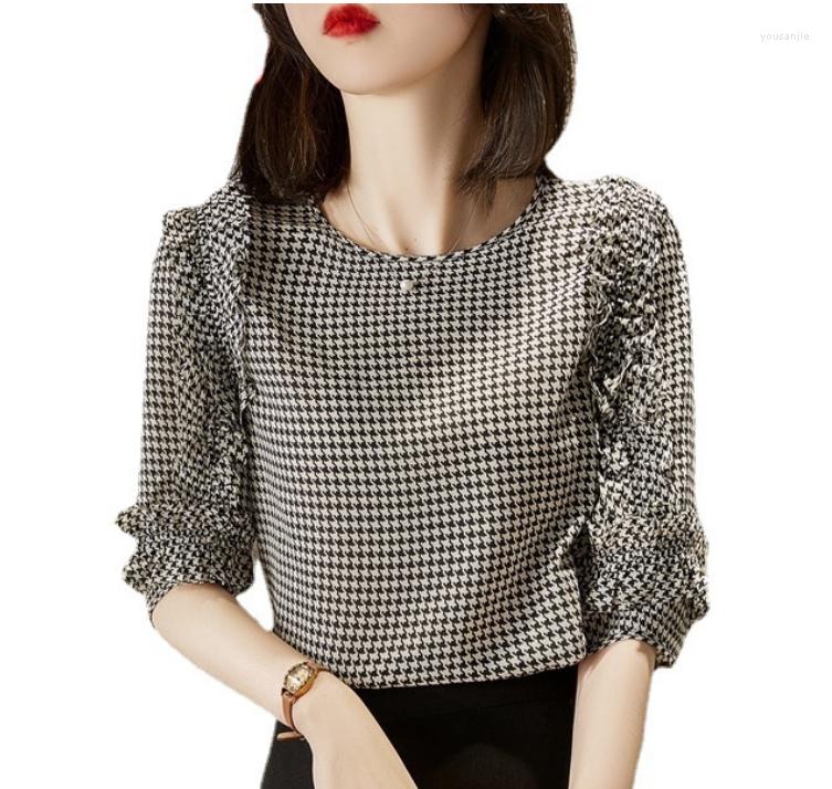 

Women' Blouses 2023 Women Spring Fashion Casual Korean Houndstooth Ruffles Chiffon Blouse Round Neck Half Sleeves Sweet Lattice Top