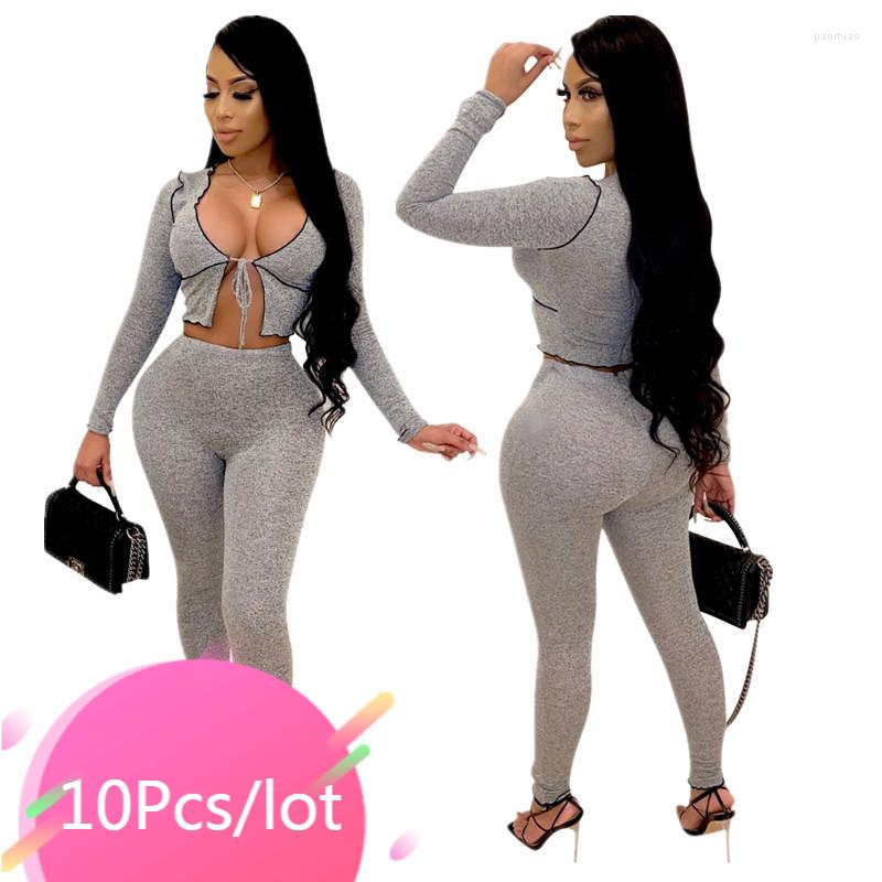 

Women' Two Piece Pants Bulk Items Wholesale Lots Sets Long Sleeve Lace Up Bodycon Matching Set Women Fall Sexy Night Club Streetwear 2022, Dark grey
