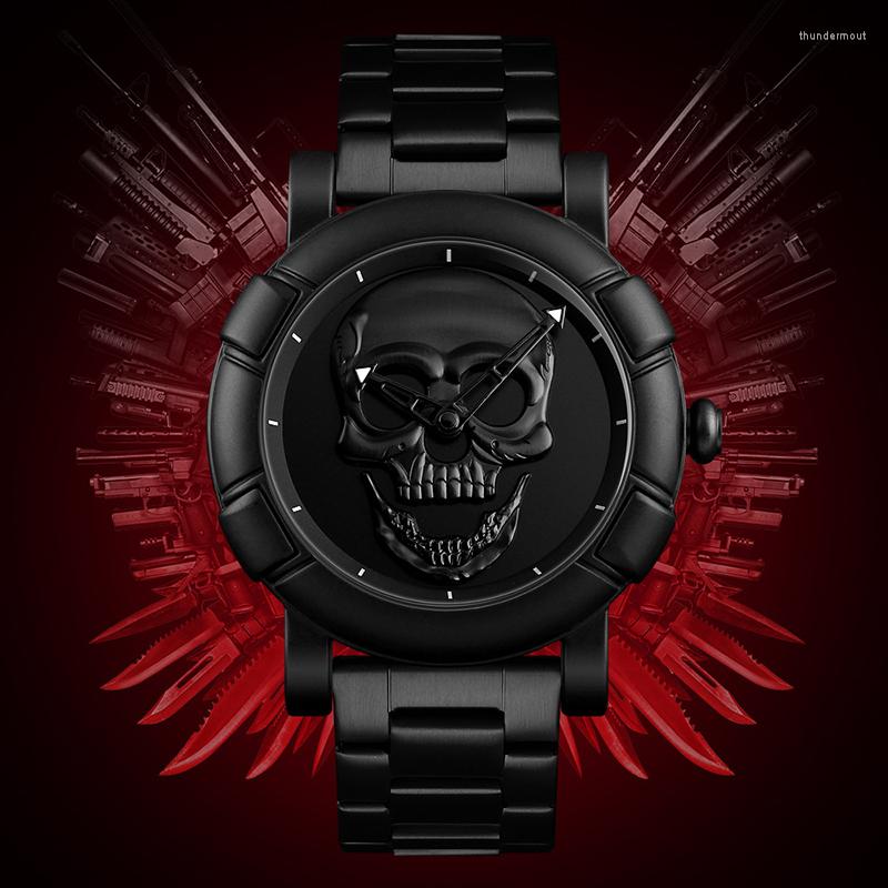 

Wristwatches 2022 Creative Fashion Skull Quartz Wrist Watch Men Stainless Steel Strap Sport Watches Waterproof Male Clock Relogio Masculino, Bronze
