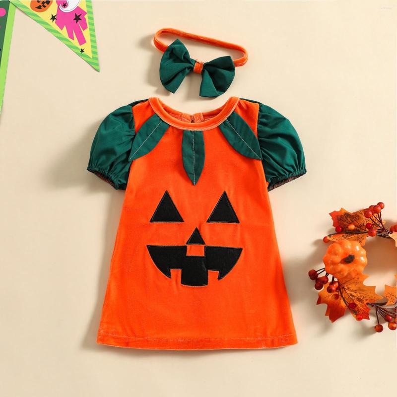 

Girl Dresses CitgeeSummer Halloween Infant Baby Girls Dress Pumpkin Print Short Sleeve Princess Bow Headband Party Casual Clothes, Picture shown