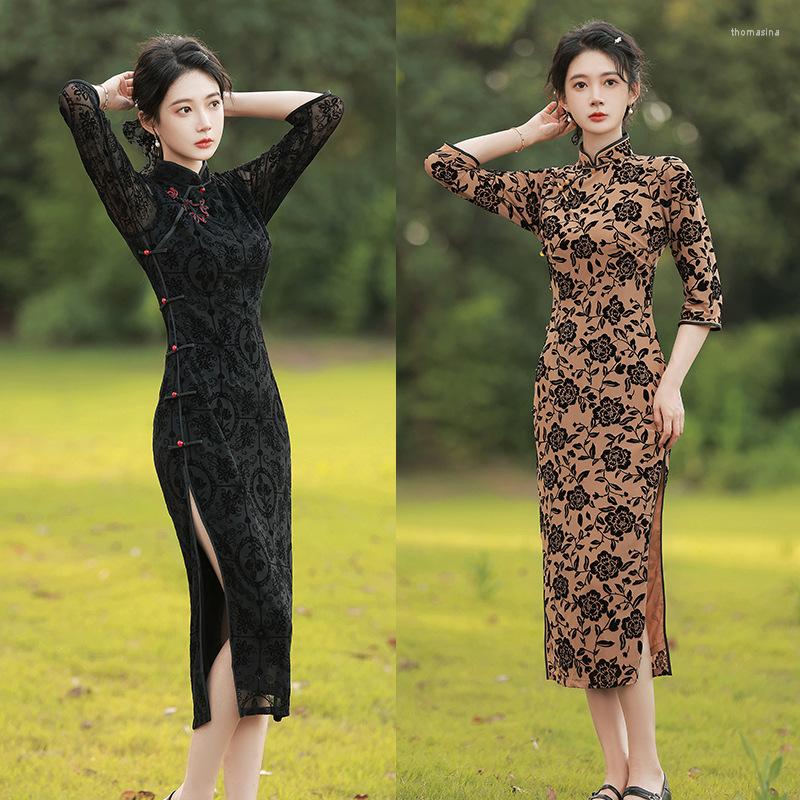 

Ethnic Clothing Elegant Chinese Tradition Ladies Cheongsam Gorgeous Long Party Dress High Fork Slim Vintage Button Women Evening Wedding