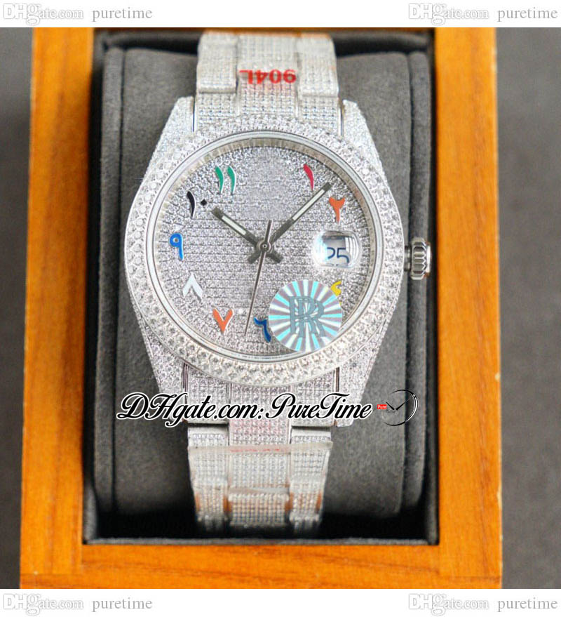 

RF 126333 ETA A2824 Automatic Mens Watch 40mm Diamonds Case Colors Arabic Script Dial Paved Diamond Fully Iced Out 904L Steel Bracelet Watches Puretime C07E5, Custom warranty card