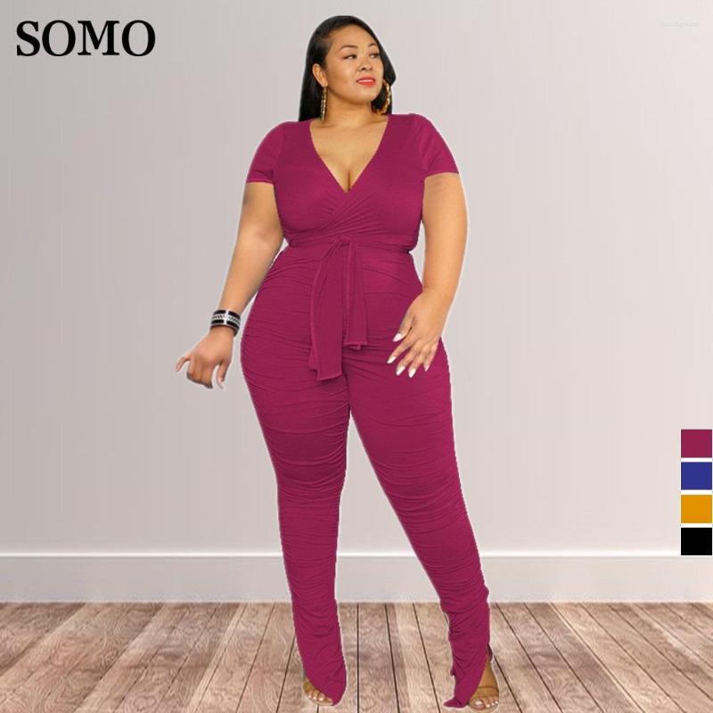 

Tracksuits SOMO Streetwear Plus Size Women Clothing Sexy Skinny Two Piece Set V Neck Tops And Long Pants Outfits Wholesale Drop, Black