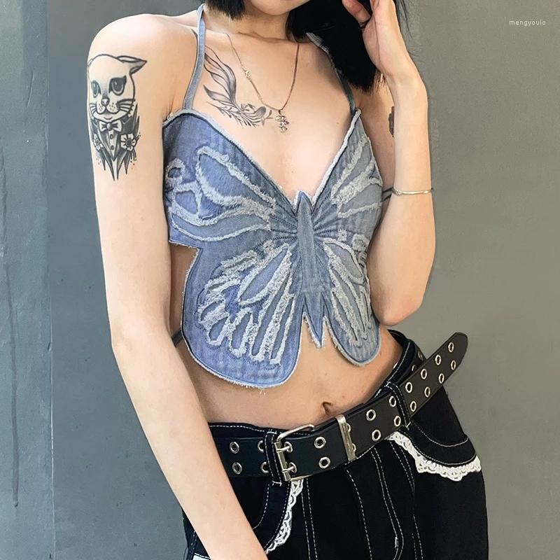 

Women's Tanks Sexy Butterfly Jeans Crop Top Backless Strap Camis Streetwear Black Women Beach Holiday Mini Vest Pattern Tank Tops