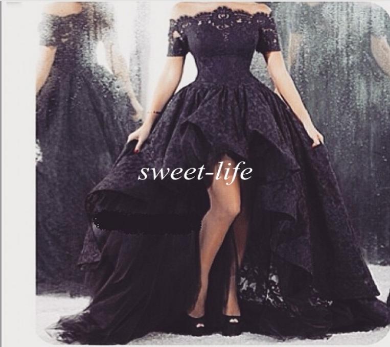 

Lace Prom Dresses High Low Off Shoulder with Short Sleeve Ruffle Sheer Neck Tulle Vintage Party Gowns Formal Evening Dress7598591, Green