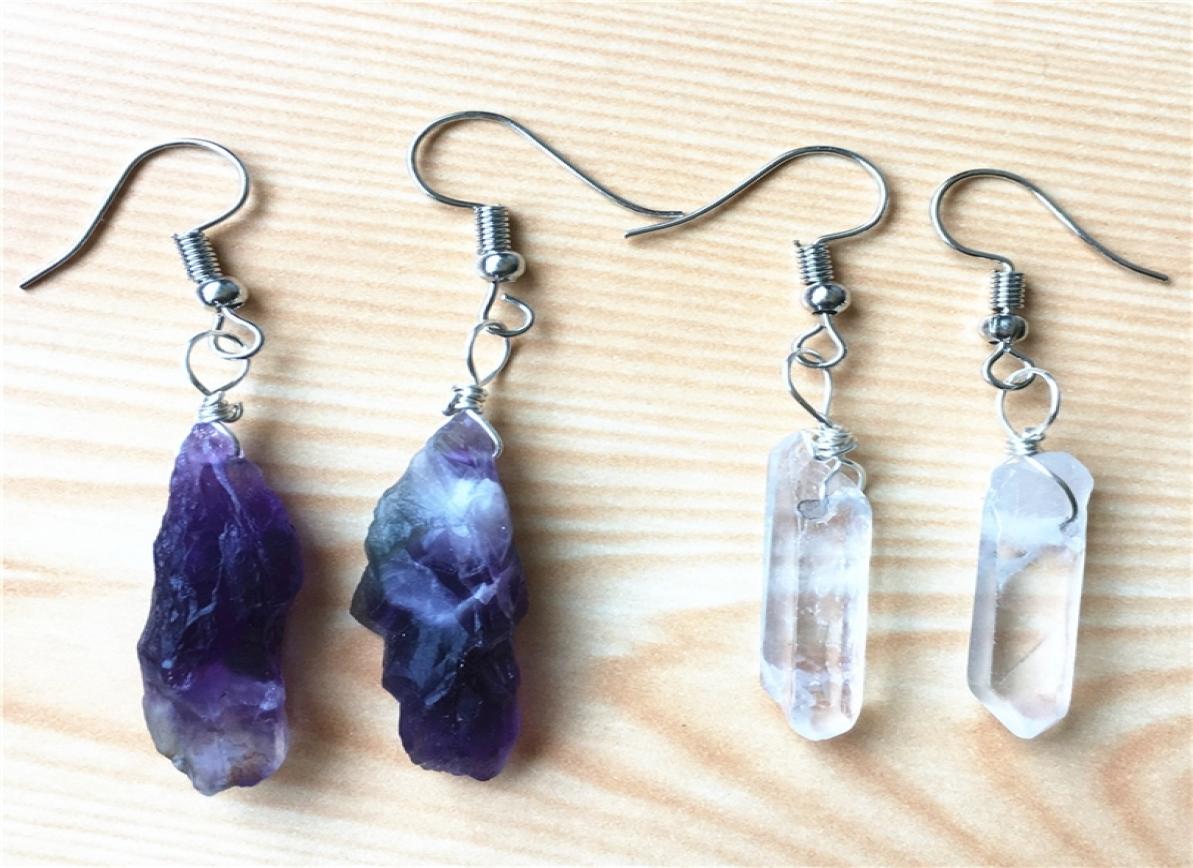 

Simple Design Boho Yoga Natural Amethysts Clear Quartz Crystal Stone Raw Ore Dangle Earring Irregular Jewelry 10PCS 200927123427