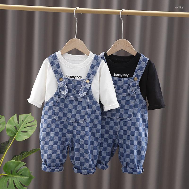 

Clothing Sets Autumn Children Clothes Baby Boys Girls Print T Shirt Plaid Denim Overalls Bib Pants 2Pcs/sets Infant Kids Fashion Toddler, Babyz s beidai black